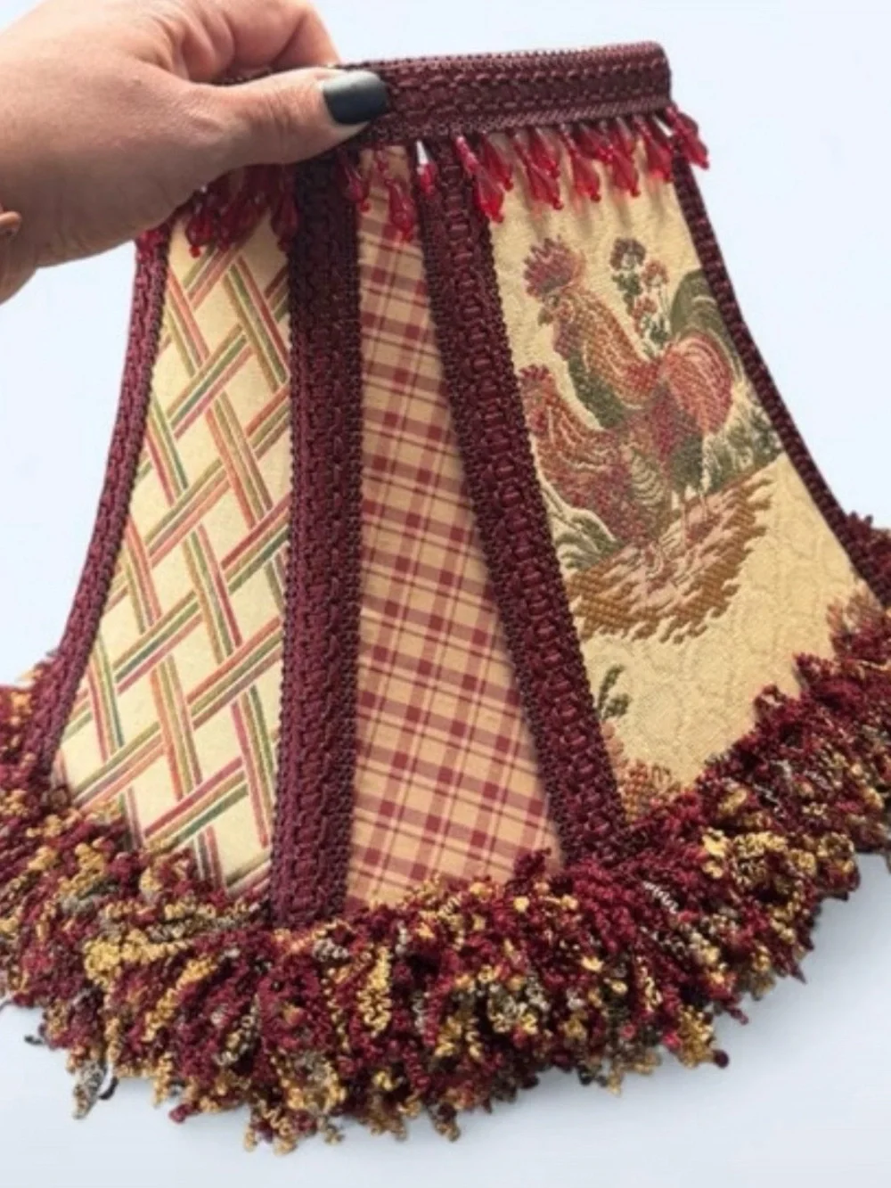 French Country Rooster Hen Cottagecore Toile Fabric Lamp Shade Frayed Fringe